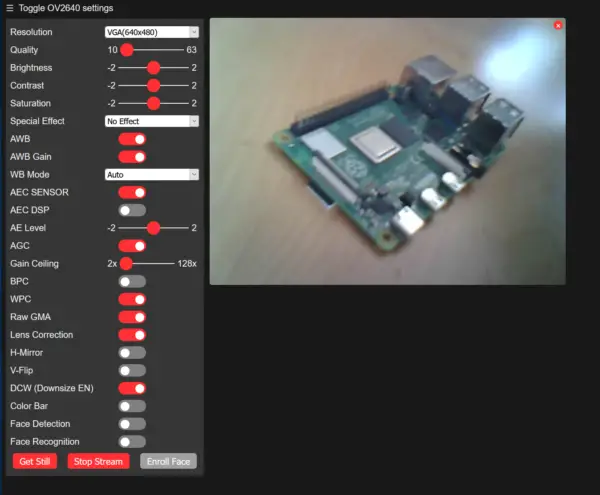 Capture d'écran de l'interface utilisateur de la caméra ESP8266