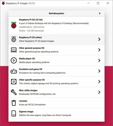 Raspberry Pi Imager - Download Standardsbetriebssystem